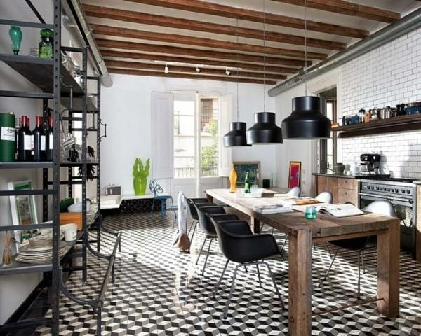 ιδέες κουζίνας βιομηχανική τραπεζαρία ξύλινο τραπέζι όμορφο πάτωμα