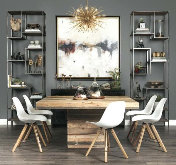 ιδέες κουζίνας βιομηχανική τραπεζαρία ξύλινο τραπέζι λευκές καρέκλες τραπεζαρίας