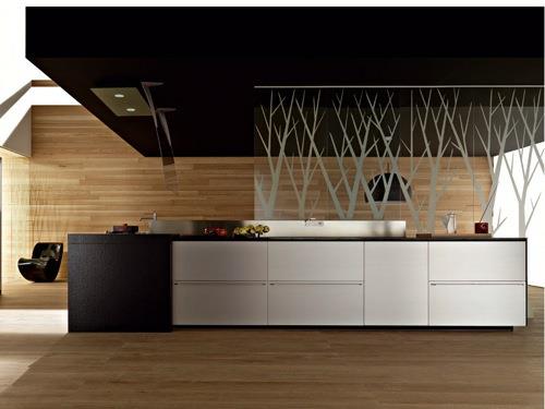 εσωτερική κουζίνα ξύλινη μαύρη αίθουσα στέγης ιδέα κουζίνα νησί γεωμετρική