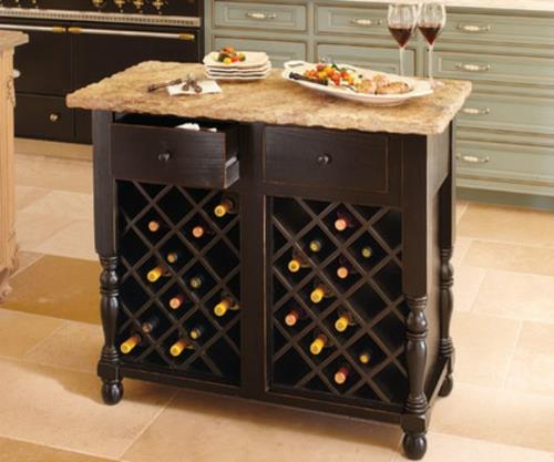 πάγκοι κουζίνας ξύλινα συρταριέρα με ράφι μπουκαλιών κρασιού