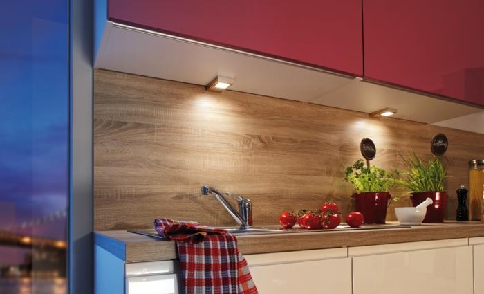 ιδέες φωτισμού κουζίνας κάτω από φώτα γραφείων κόκκινα ντουλάπια τοίχου