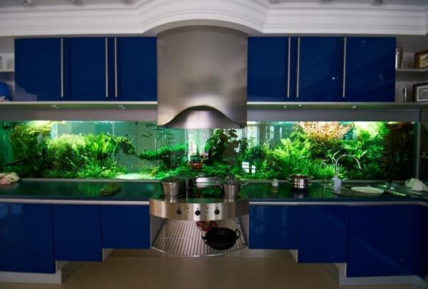 σχεδιασμός κουζίνας μπλε ντουλάπια κουζίνας ενυδρείο πίσω τοίχου κουζίνας