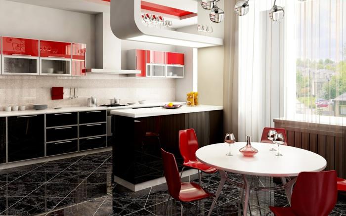 σχεδιασμός κουζίνας παράθυρα κουζίνας λεπτές κουρτίνες στρογγυλή τραπεζαρία κόκκινες καρέκλες πλαστικά ντουλάπια κουζίνας υψηλής στιλπνότητας
