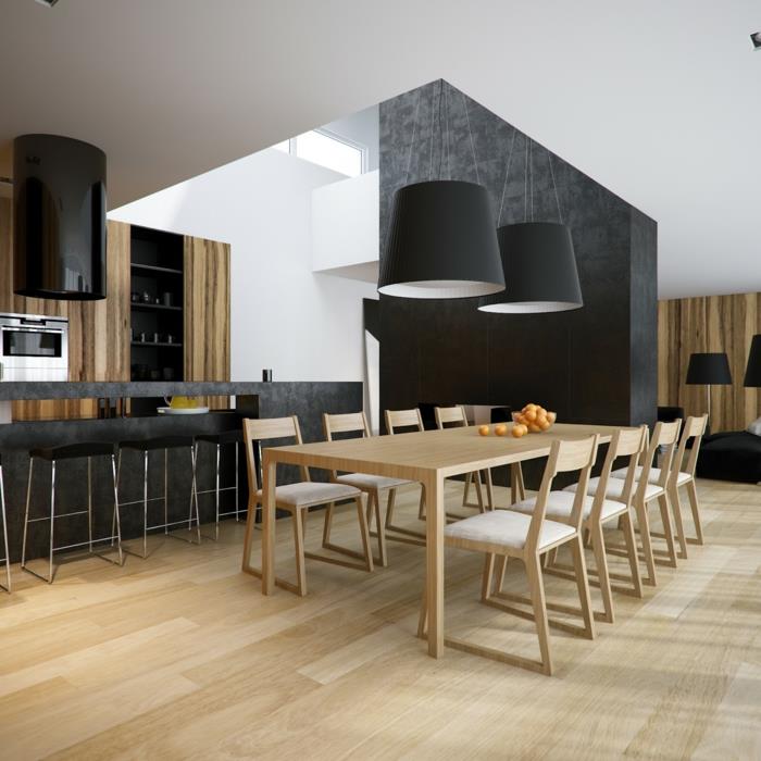 σχεδιασμός κουζίνας μινιμαλιστική επίπλωση ξύλινο πάτωμα μαύρες πινελιές