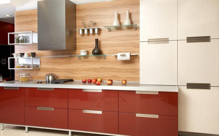 σχεδιασμός κουζίνας πάνελ τοίχου ξύλινη υφή κόκκινα ντουλάπια κουζίνας ανοιχτά ράφια