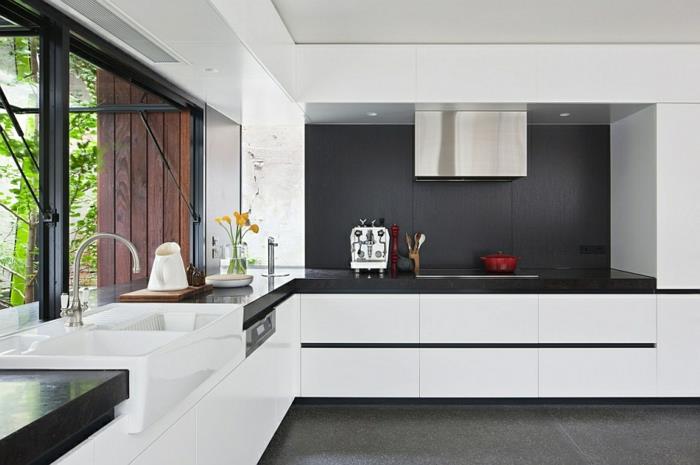 σχεδιασμός κουζίνας πάνελ τοίχου κουζίνα ασπρόμαυρα ντουλάπια κουζίνας παράθυρα κουζίνας