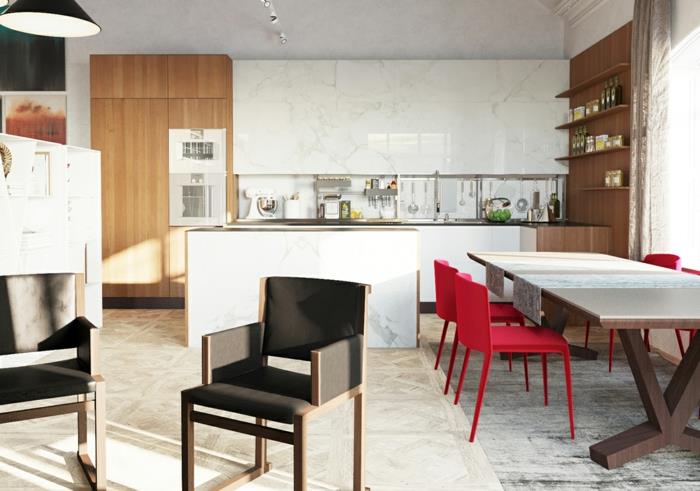 σχέδιο κουζίνας πάνελ τοίχου κουζίνα νησί κουζίνα τραπεζάκι κόκκινες καρέκλες κουζίνας