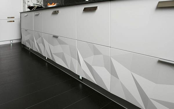 σχεδιασμός κουζίνας λευκά ντουλάπια κουζίνας 3D επιφάνεια