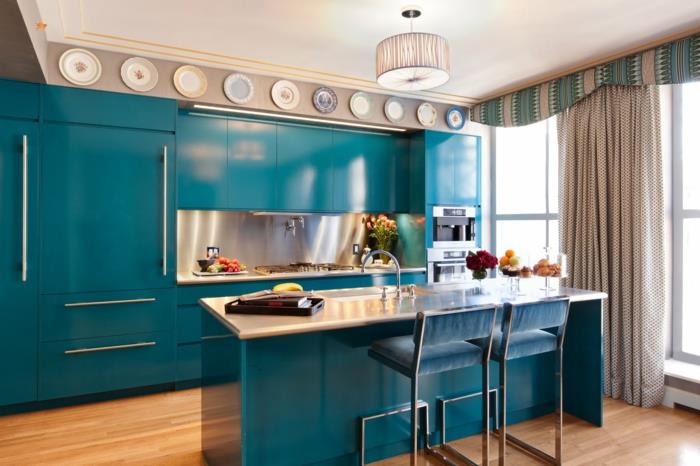 σχεδιασμός κουζίνας μπλε ντουλάπια κουζίνας ιδέες διακόσμησης φωτισμού νησιού κουζίνας