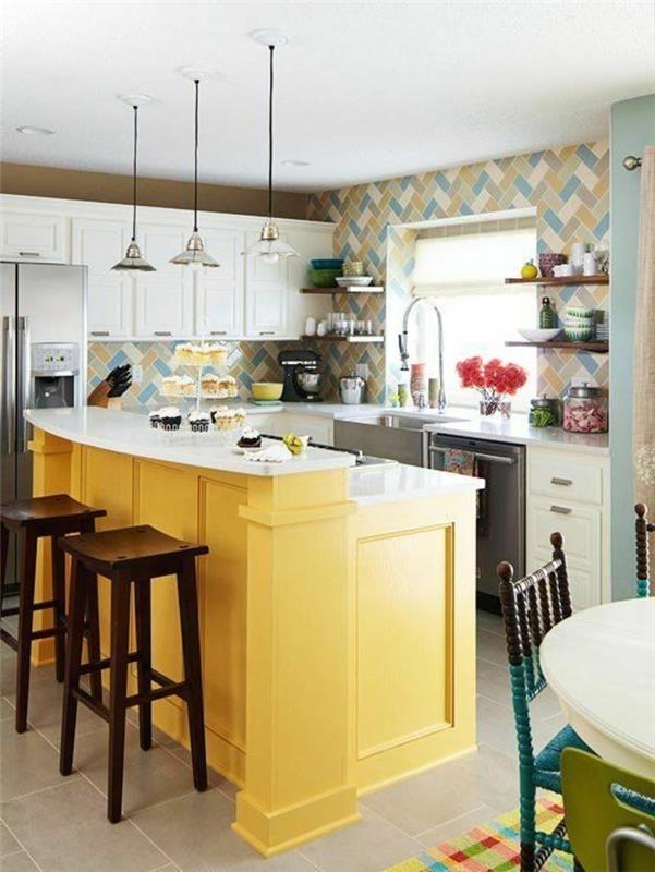 έπιπλα κουζίνας κίτρινη κουζίνα νησί χρωματιστά πλακάκια τοίχου πολύχρωμο χαλί