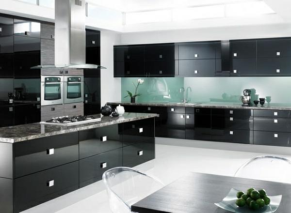 εξοπλισμός κουζίνας ντουλάπια κουζίνας επιφάνεια μαύρου καθρέφτη
