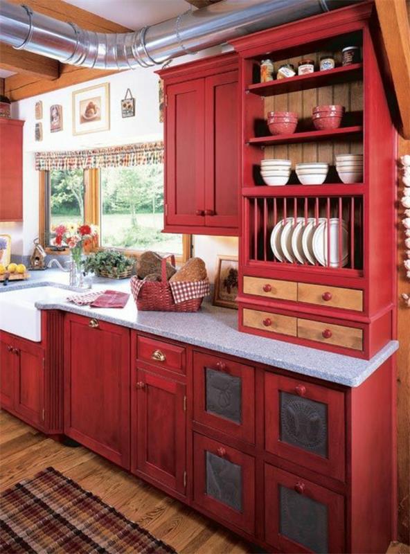 Αντικατάσταση μπροστινών κουζινών παλιάς πόρτας ντουλαπιών κουζίνας ρετρό κουζίνα με κόκκινο χρώμα