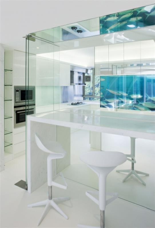 κουζίνα σχεδιασμός ιδέες διακόσμηση ψάρια ενυδρείο λευκό εσωτερικό