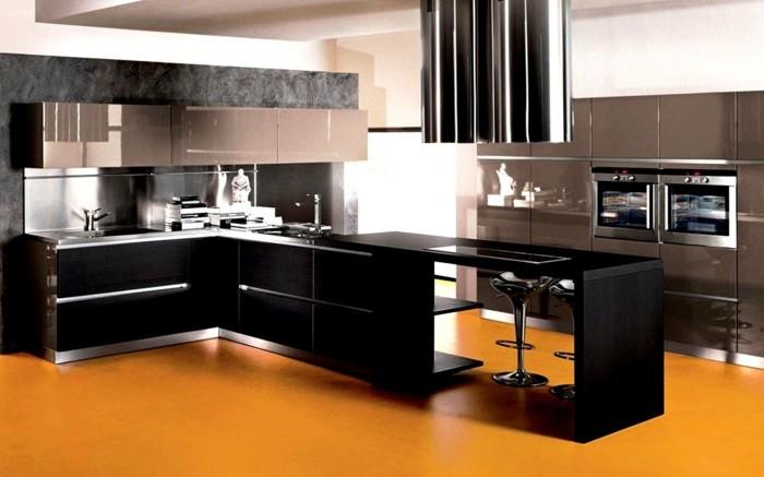 σχέδιο κουζίνας σκούρο ξύλο υψηλής στιλπνότητας κέικ μπροστινά κίτρινο πάτωμα