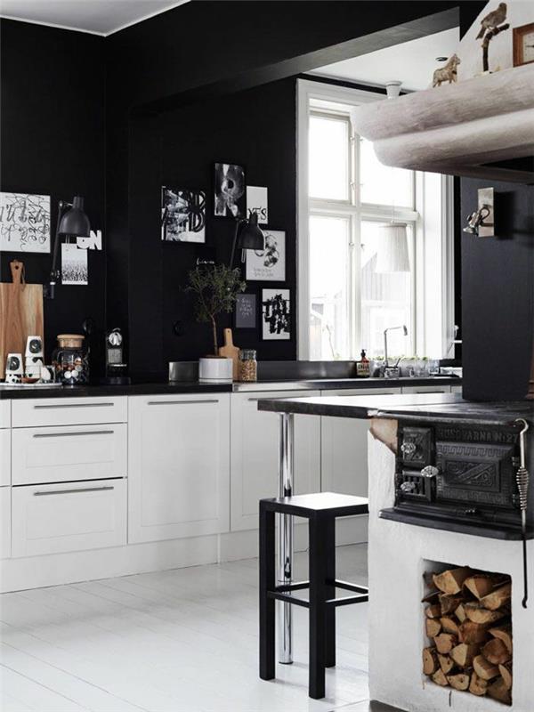 ιδέες σχεδιασμού κουζίνας μαύρο τοίχο χρώμα λευκά ντουλάπια κουζίνας