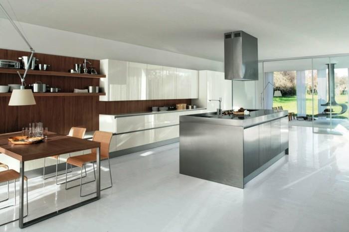 σχέδιο κουζίνας ματ μεταλλική κουζίνα εξαγωγέας κουκούλα σκούρο ξύλινο τραπέζι τραπεζαρίας λευκό ντουλάπι κουζίνας υψηλής στιλπνότητας