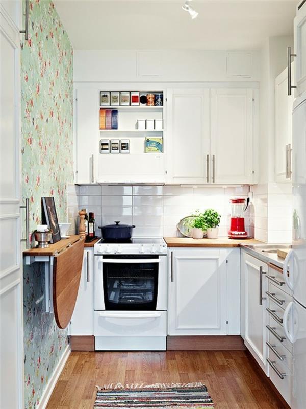 ιδέες κουζίνας τραπεζάκι τοίχου πτυσσόμενο χαλί ταπετσαρία δρομέας τοίχου floral μοτίβο λευκά ντουλάπια κουζίνας