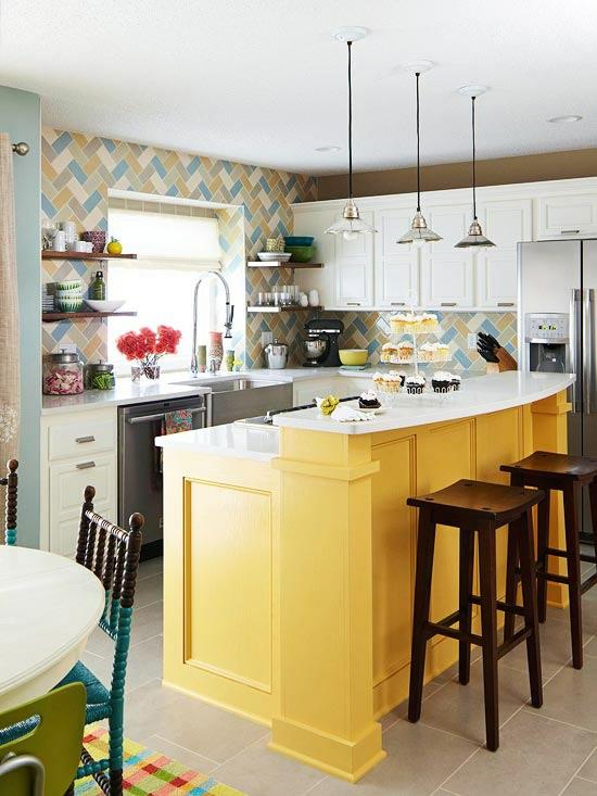 κουζίνα ιδέες σχεδιασμό κίτρινο ήλιο φωτεινά πολύχρωμα κεραμίδια