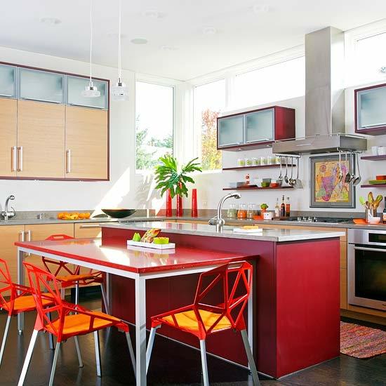 κουζίνα ιδέες σχεδιασμό ξύλο φωτεινό πορτοκαλί κόκκινο λαμπερό