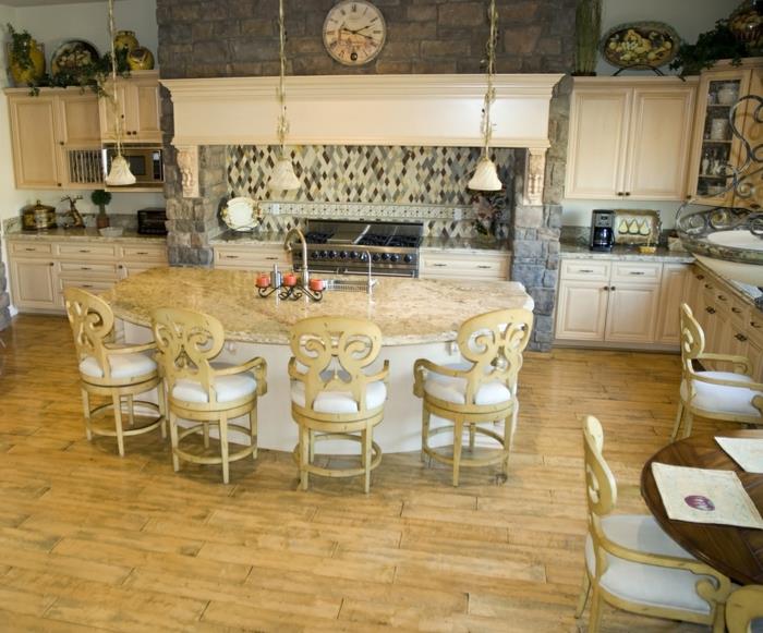 νησιά κουζίνας υπέροχες καρέκλες ξύλινα πλακάκια πέτρινος τοίχος