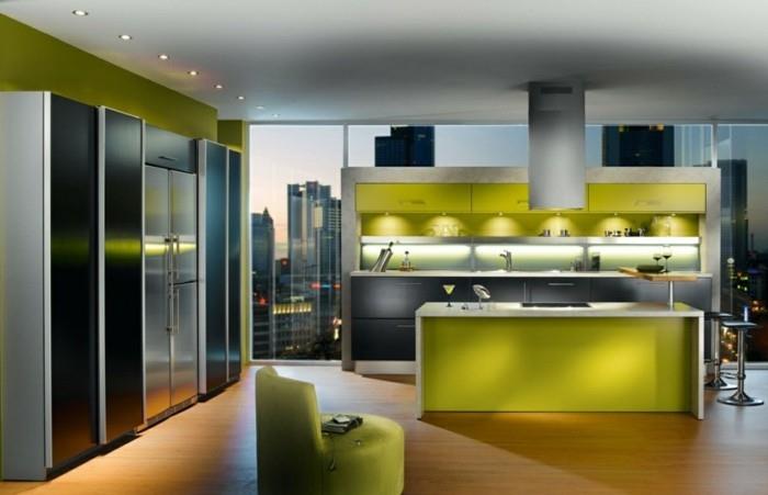 έπιπλα κουζίνας πράσινα ντουλάπια κουζίνας led φωτισμός πανοραμικών παραθύρων