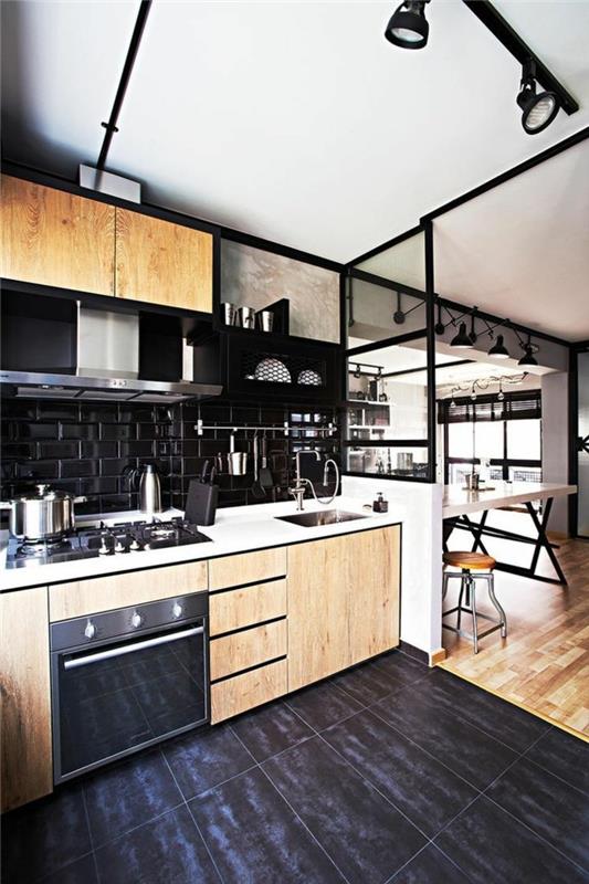 έπιπλα κουζίνας βιομηχανική κουζίνα μαύρα πλακάκια δαπέδου ξύλινα ντουλάπια κουζίνας πίσω τοίχος κουζίνας