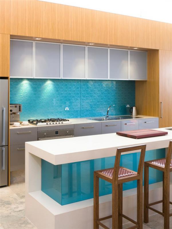 κουζίνα πίσω τοίχους γυαλί γαλάζιο λευκό κουζίνα νησί