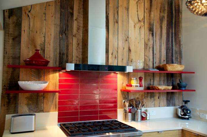 πίσω τοίχοι κουζίνας κόκκινα πλακάκια ξύλινες προθέσεις ζωντανές ιδέες κουζίνα
