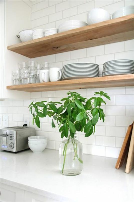 ράφια κουζίνας σχεδιασμός φυτό πλακάκια τοίχου λευκό