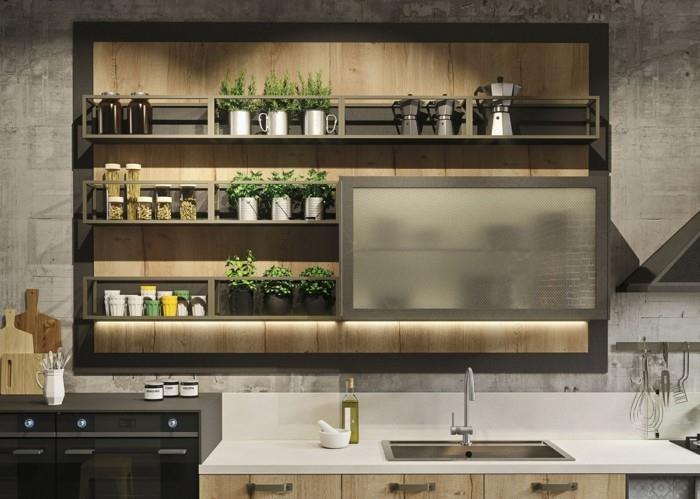 ντουλάπια κουζίνας αγοράζουν συρόμενες πόρτες φυτά σχεδιασμός τοίχου τσιμεντένιο βλέμμα