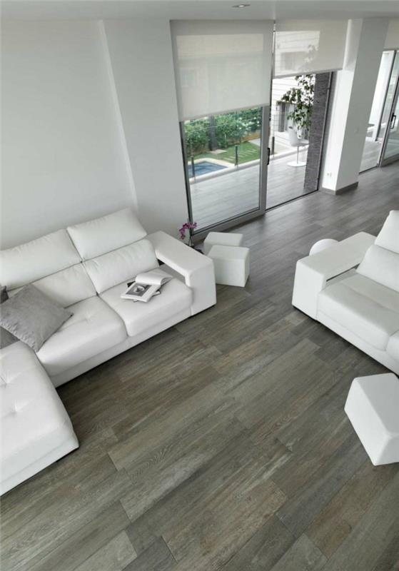 κεραμικά πλακάκια ξύλο εμφάνιση ιδέες σαλόνι σαλόνι λευκά έπιπλα