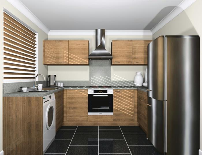 ψυγεία κομψό σχέδιο μαύρα πλακάκια δαπέδου μικρή κουζίνα