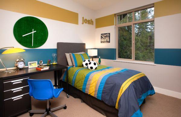 έντονα χρώματα νεανικό δωμάτιο αγόρια ρίγες κρεβάτι ρολόι τοίχου