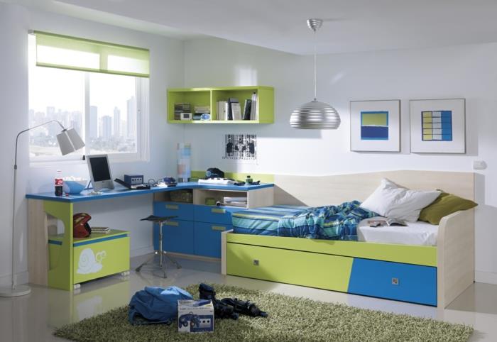 παιδικά κρεβάτια παιδικό δωμάτιο επίπλωση χρωματιστών συρταριών χαλί λευκό χρώμα τοίχου