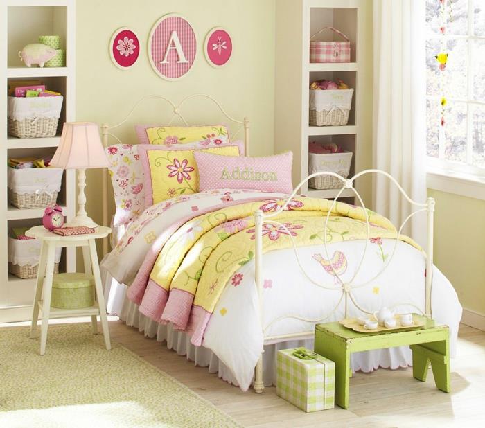 παιδικά κρεβάτια ιδέες δωματίων κοριτσιών χρωματιστά κλινοσκεπάσματα ανοιχτά ράφια