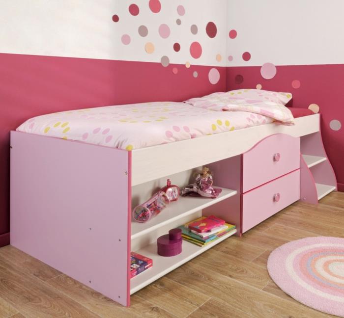 κρεβατάκια ροζ σχέδιο κορίτσια δωμάτιο ανοιχτά ράφια συρτάρια