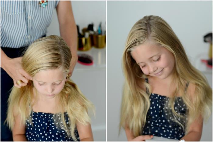 παιδικό κούρεμα κορίτσι στο πλάι χωρίζει ξανθά μαλλιά