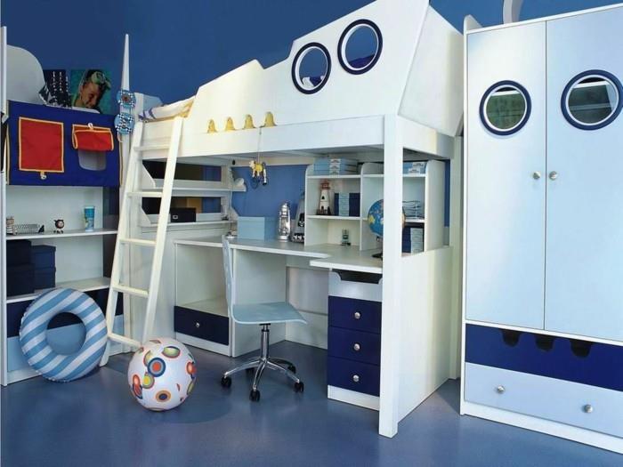 παιδικό κρεβάτι πατάρι γραφείο λειτουργικό λευκό μπλε δάπεδο