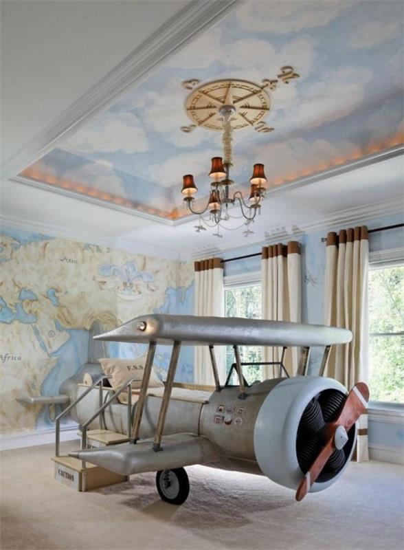 Σχεδιασμός οροφής παιδικού δωματίου με κρεβάτι αεροπλάνου και σύννεφα