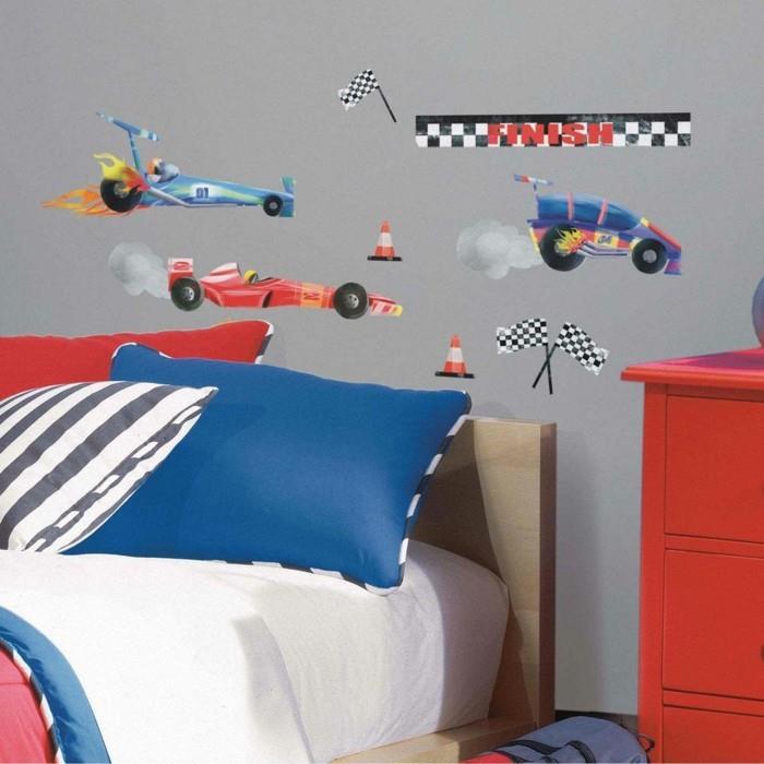 παιδικό δωμάτιο διακοσμητικές ιδέες αυτοκόλλητα τοίχου αγόρια ανοιχτό γκρι έπιπλα σε χρώμα τοίχου