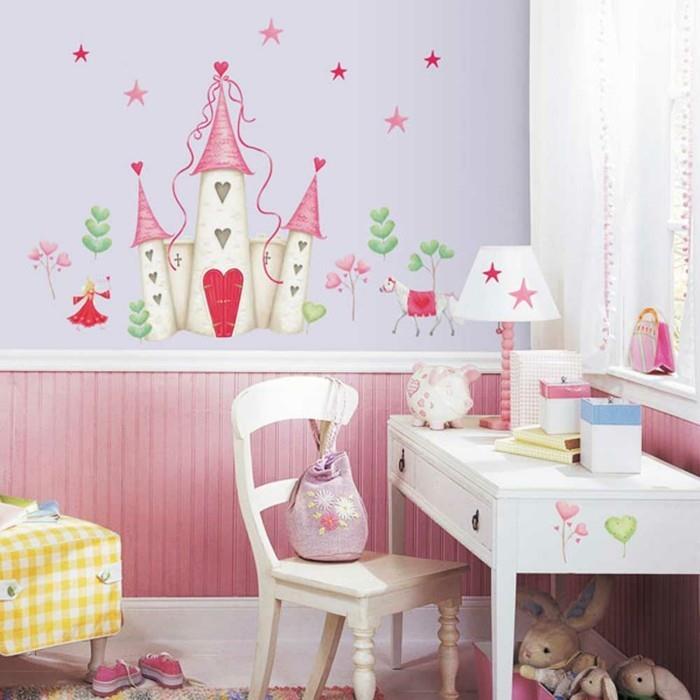 παιδικο δωματιο διακοσμητικες ιδεες αυτοκόλλητα τοίχου μοτίβα παραμύθι ροζ τόνους