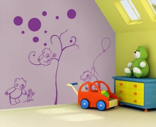 σχεδιασμός παιδικού δωματίου ταπετσαρία μοβ αρκούδες τοίχου