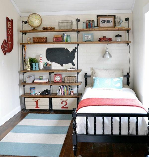 παιδικό δωμάτιο για αγόρια κρεβάτι διακόσμηση τοίχου ράφι κρεβάτι ξύλινο πάτωμα δρομέας