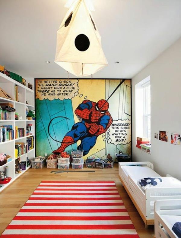 παιδικό δωμάτιο σχεδιασμός κρεβατιών δρομέας σχεδιασμός τοίχου spiderman κόμικ ανοιχτό τοίχο ράφι