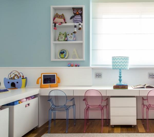σχεδιασμός παιδικού δωματίου γωνιά εκμάθησης ακρυλικά έπιπλα καρέκλες τοίχο ράφι βαφή τοίχου σε σκόνη μπλε