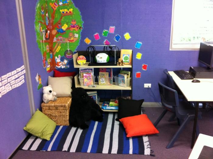 σχεδιασμός παιδικού δωματίου ανάγνωση γωνιακών κουτιών καθισμάτων γραφείο ανάγνωση γωνία μωβ τοίχος