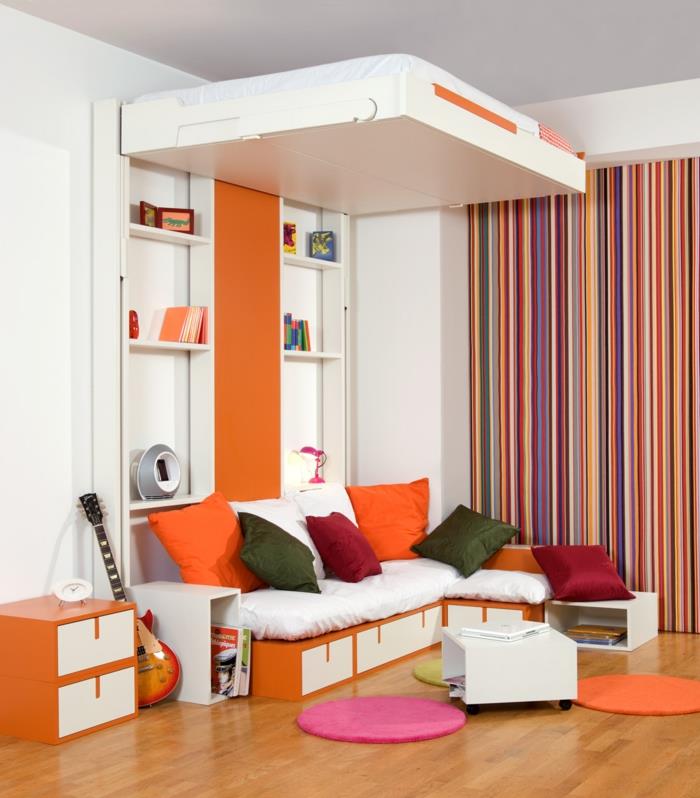 σχεδιασμός παιδικών επίπλων δωματίου πορτοκαλί λευκή λωρίδα ταπετσαρία