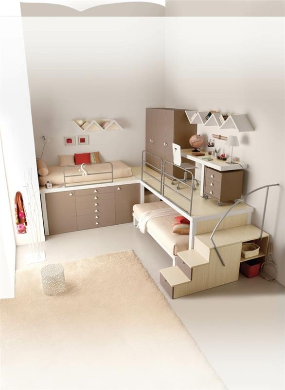 παιδικό δωμάτιο πατάρι κρεβάτι μπεζ συρτάρια ελαφρύ χαλί