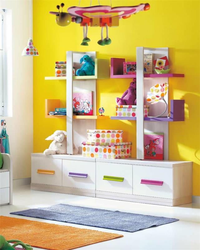 ιδέες παιδικού δωματίου κίτρινη προφορά χαλιά τοίχου αποθήκη