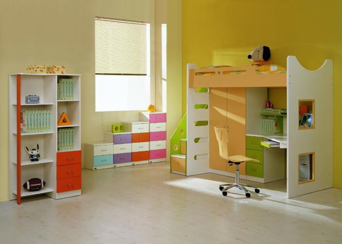 ιδέες παιδικού δωματίου κίτρινο γραφείο τοίχου ανοιχτά ράφια